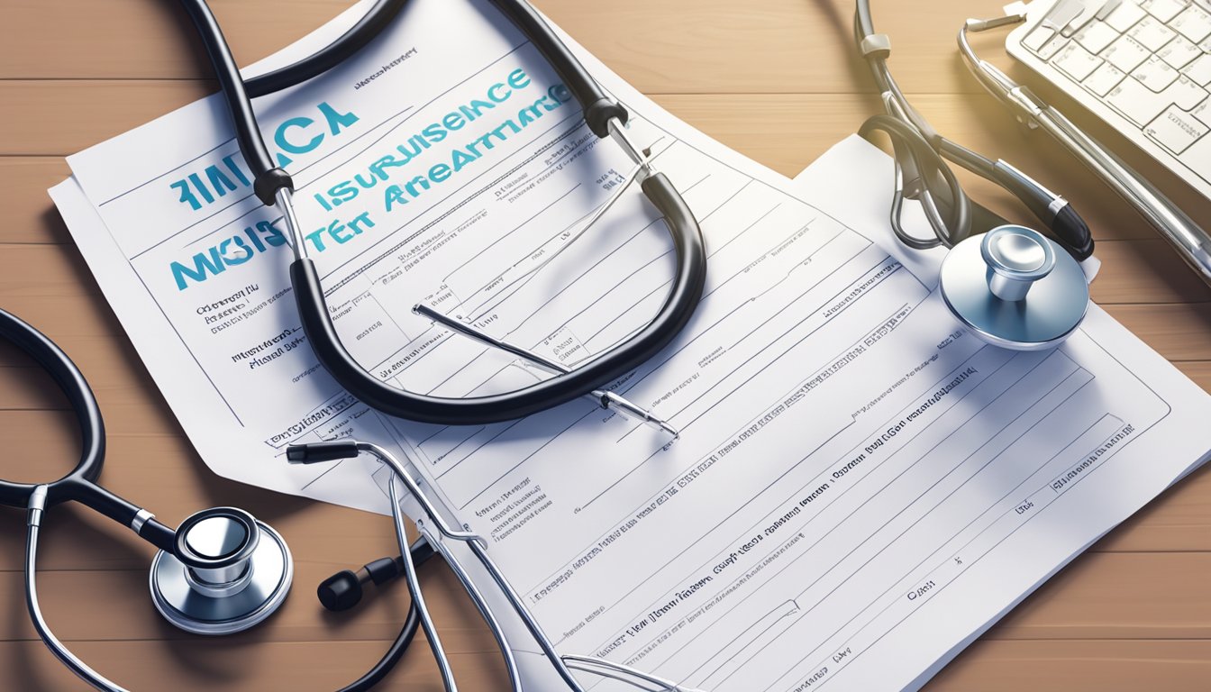 A stethoscope and medical chart alongside an insurance policy and cancer treatment pamphlet on a desk