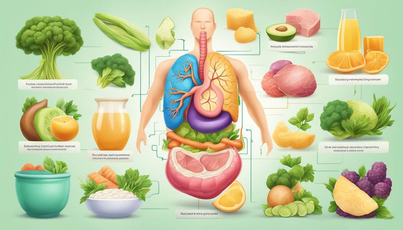 A colorful illustration of a healthy digestive system with a focus on net carbs and ketosis, showcasing the impact of the keto diet on digestive health