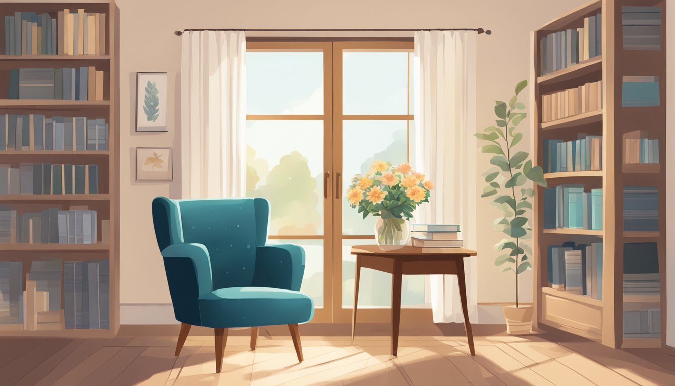 A serene, sunlit room with a cozy armchair, a small table with a vase of flowers, and a bookshelf filled with comforting reads