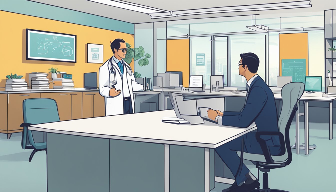 A doctor explaining critical illness insurance to a concerned policyholder in a bright, modern office setting