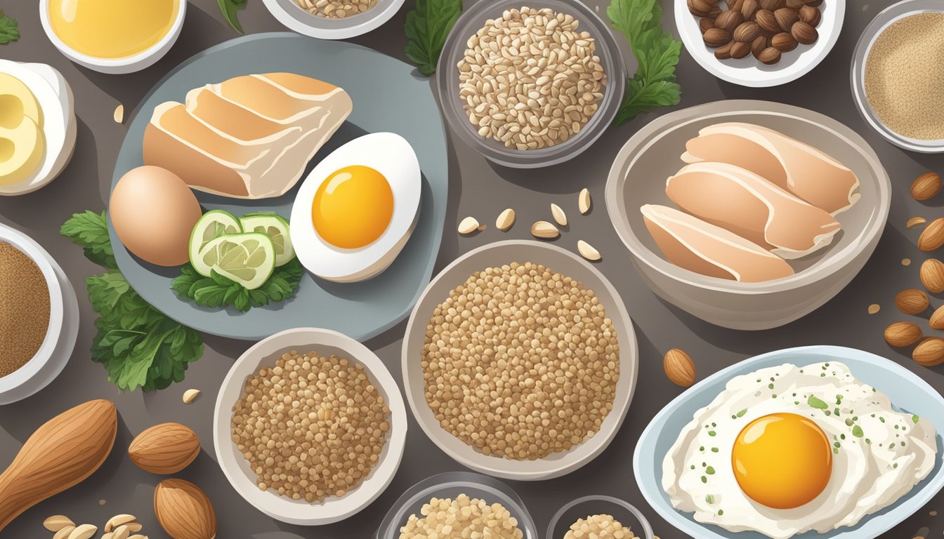 A variety of protein sources like eggs, chicken, and fish are surrounded by low-carb options such as quinoa, nuts, and seeds on a kitchen counter