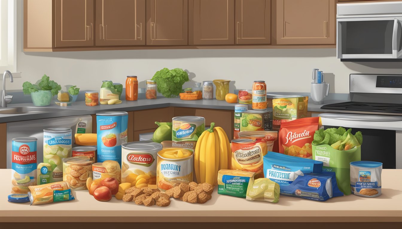 A kitchen counter with a variety of processed foods, including packaged snacks and canned goods. A nutrition label prominently displays the net carb count