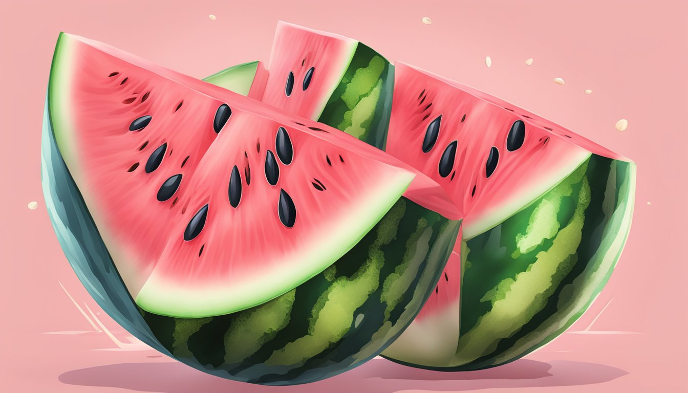 A watermelon split open, revealing its juicy pink flesh and seeds