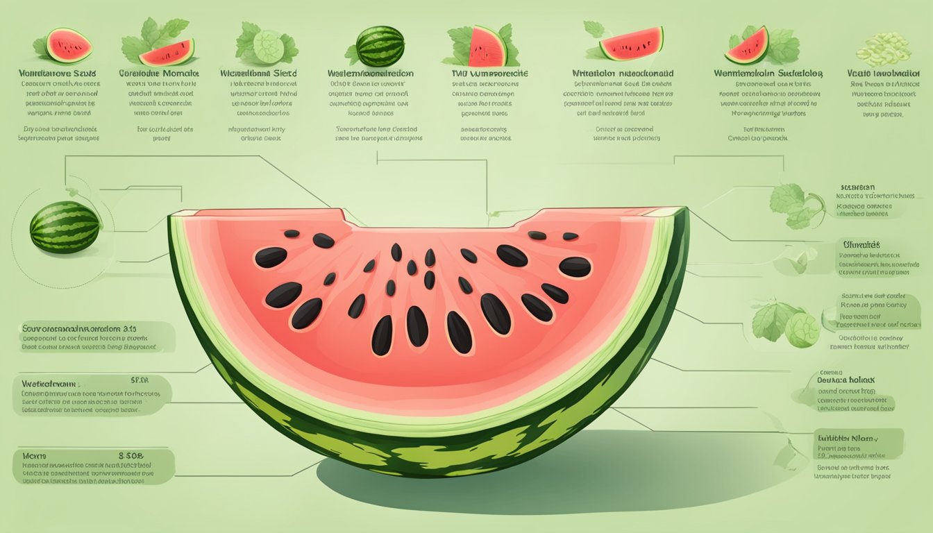 A watermelon sliced open, with seeds and juicy flesh exposed. A chart showing its nutritional profile and benefits for women