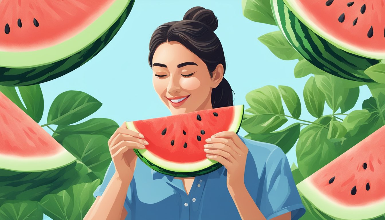 A woman enjoying a slice of juicy watermelon, surrounded by vibrant green leaves and a clear blue sky