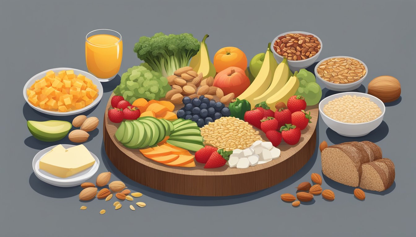 A table split in half, with one side piled high with fruits, vegetables, and whole grains, and the other side stacked with meats, cheeses, and nuts