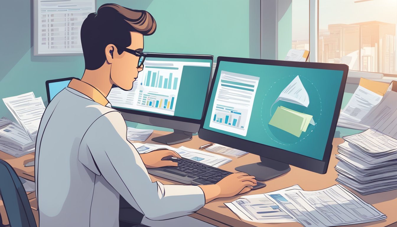 A person researching critical illness insurance while looking at a computer screen with various financial documents spread out on a desk