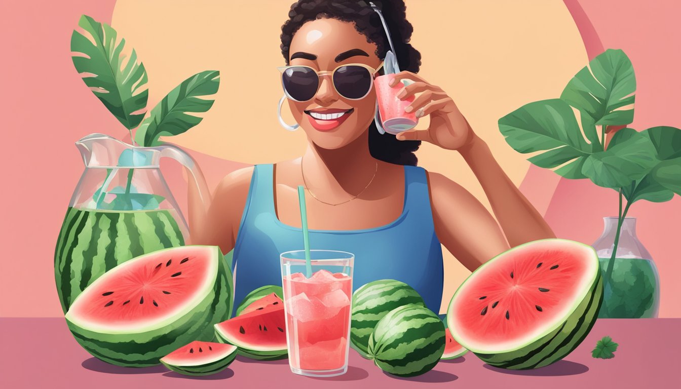 A woman enjoying a refreshing glass of watermelon water, surrounded by a variety of watermelon slices and a water pitcher