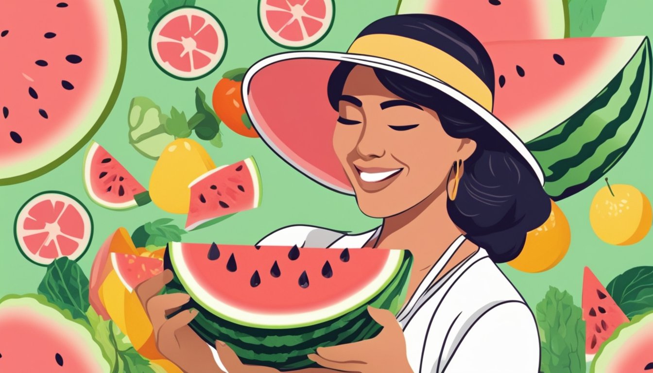 A woman enjoying a slice of watermelon, with a colorful background of fruits and vegetables