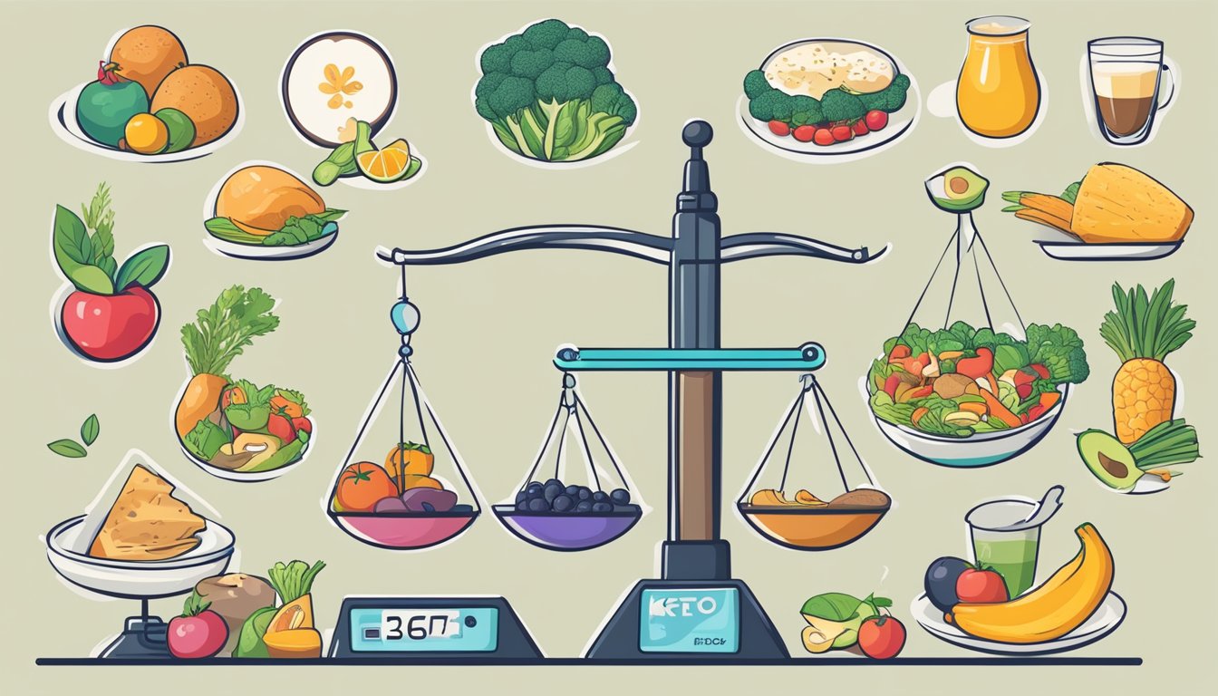 A scale balancing a variety of keto-friendly foods and non-keto options, surrounded by symbols representing the benefits and challenges of the diet