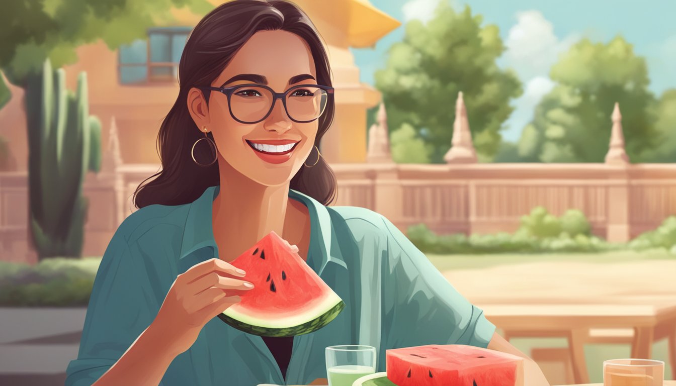 A woman enjoying a refreshing slice of watermelon on a sunny day, with a relaxed and content expression on her face