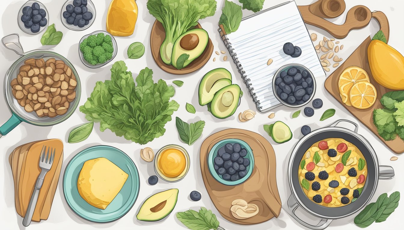 A kitchen counter with a variety of keto-friendly foods and ingredients, alongside a notebook with notes comparing the benefits and challenges of the keto diet