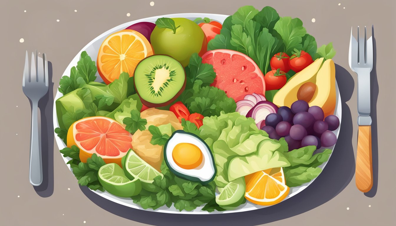 A colorful plate with a variety of keto-friendly foods, including leafy greens, lean proteins, and healthy fats, set against a backdrop of fresh vegetables and fruits