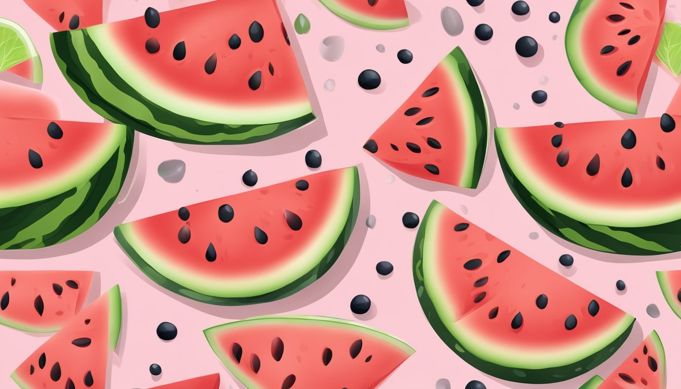 A ripe watermelon sliced open, with droplets of juice glistening on the pink flesh, surrounded by scattered seeds and a few green leaves