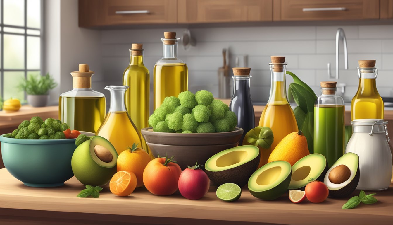 A variety of colorful, fresh fruits and vegetables surrounded by different types of cooking oils, such as olive oil, avocado oil, and coconut oil, displayed on a kitchen counter