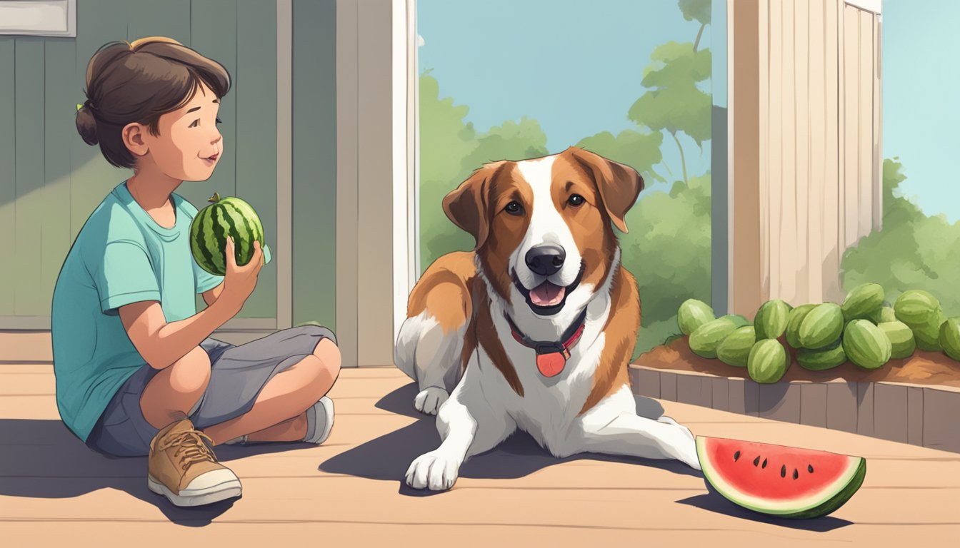 A dog happily eating watermelon, with a concerned owner looking on