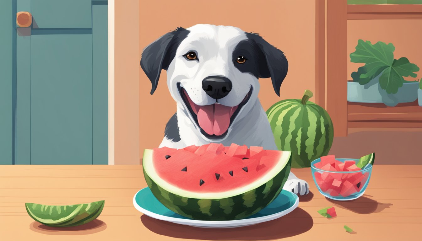 A dog happily munching on a slice of watermelon, with a bowl of diced watermelon nearby