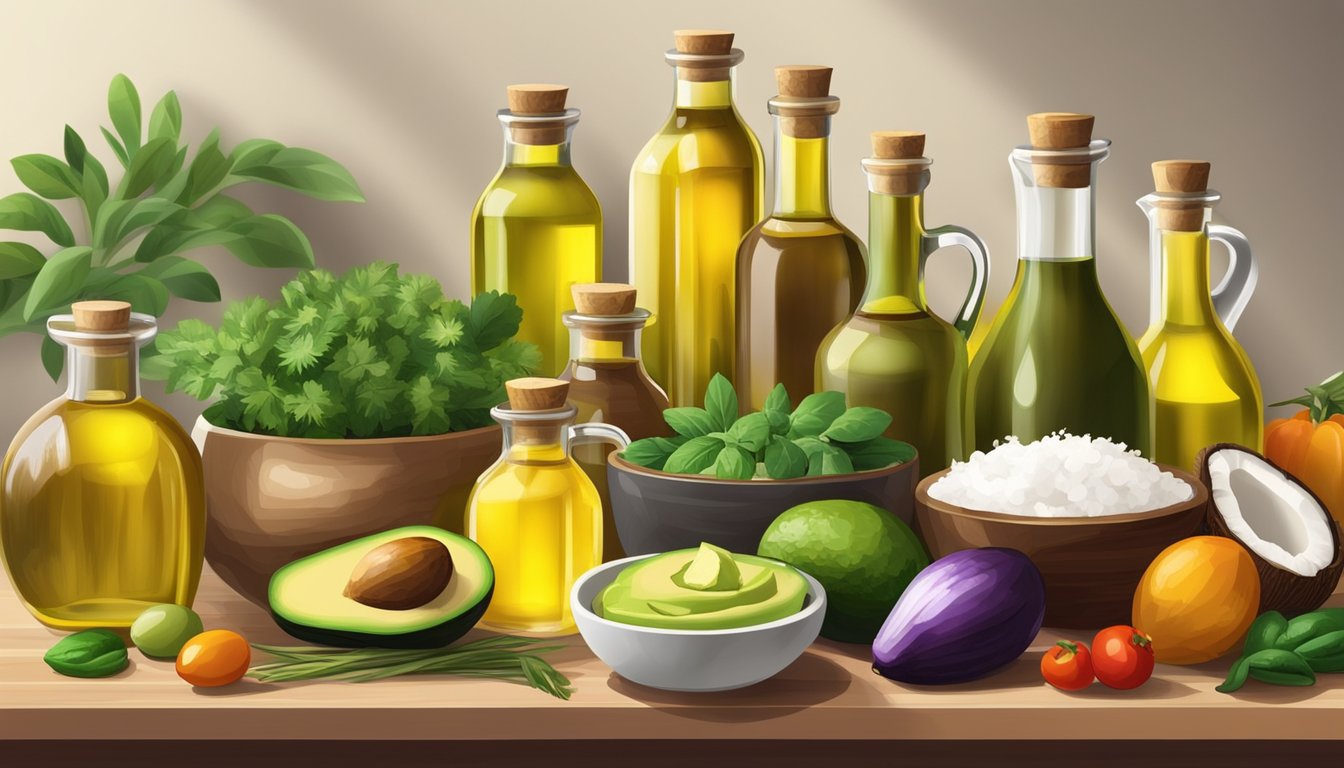 A variety of cooking oils arranged on a kitchen counter, including olive oil, avocado oil, and coconut oil, with colorful vegetables and herbs nearby