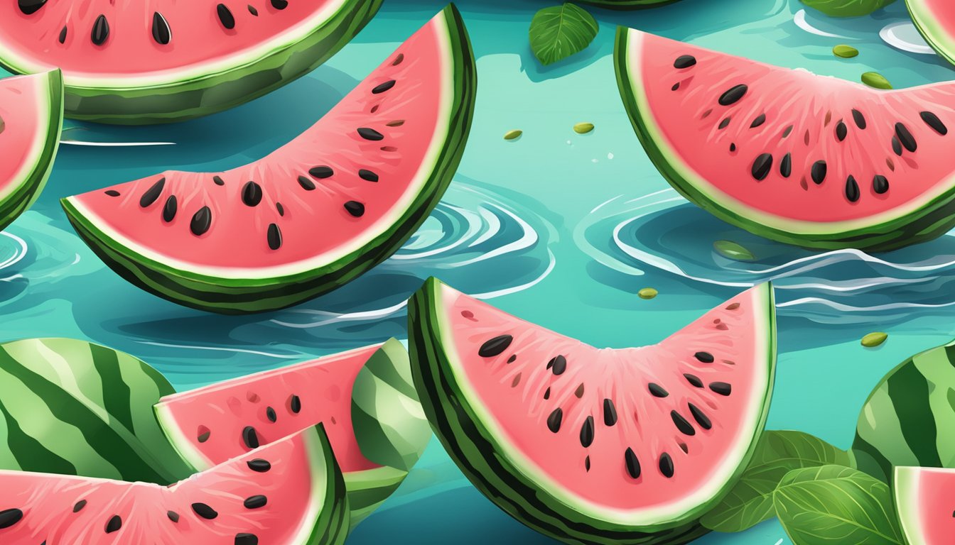 A watermelon sliced open, with juicy pink flesh and seeds, surrounded by a few scattered leaves and a small pool of liquid