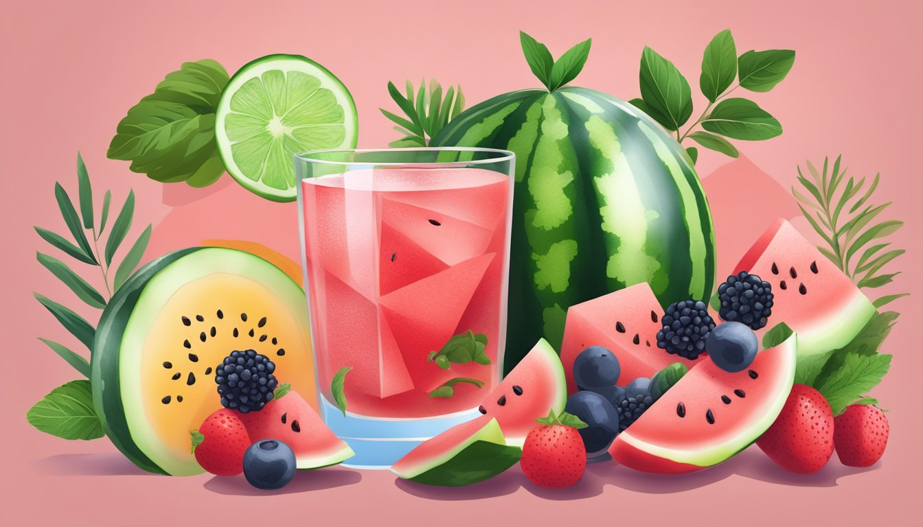 A watermelon sliced into cubes, surrounded by detoxifying herbs and fruits, with a glass of infused water on the side