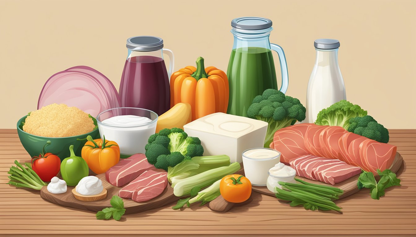 A colorful array of fresh vegetables, meats, and dairy products arranged on a wooden table, with a clear emphasis on zero carb options