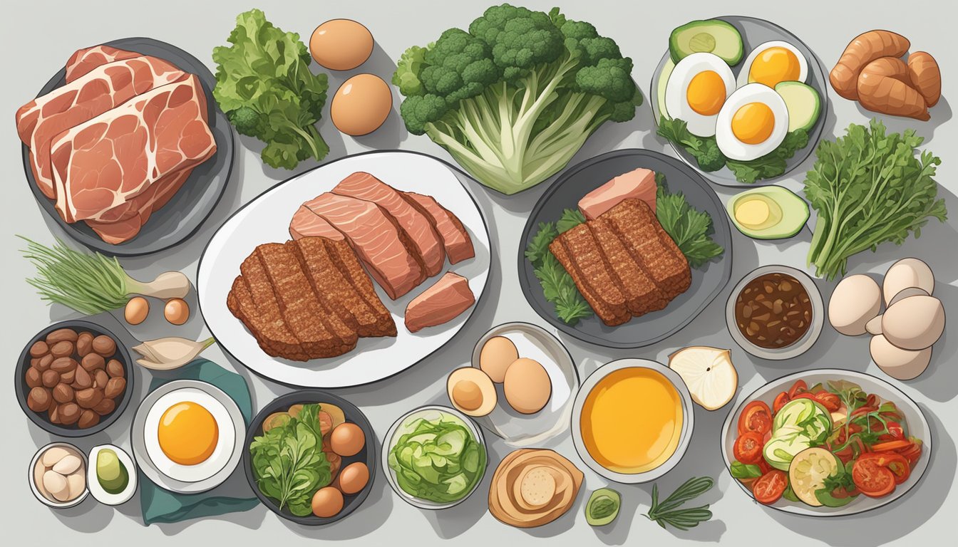 A spread of keto-friendly zero carb foods, including meat, fish, eggs, and low-carb vegetables, displayed on a clean, modern table