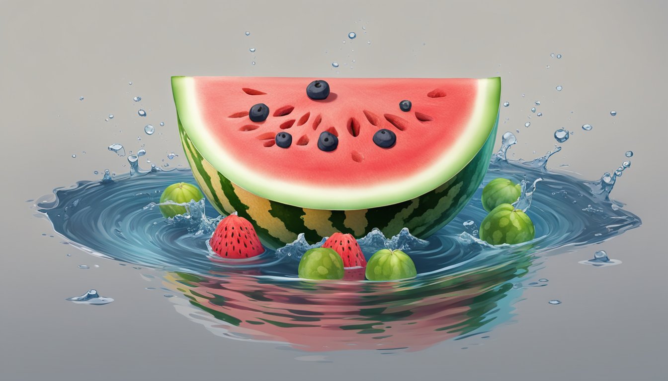 A watermelon split open, with chunks of fruit scattered in a puddle of watery liquid resembling diarrhea