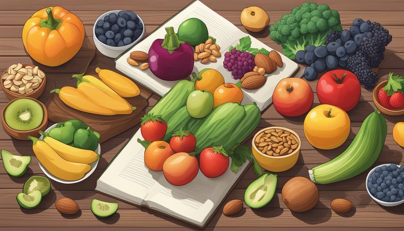 A colorful array of fruits, vegetables, and nuts arranged on a wooden table, with a keto guide book open beside them