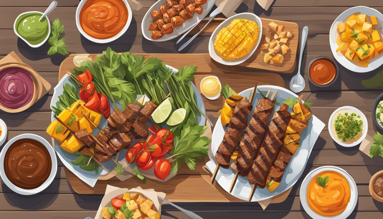 A colorful spread of grilled vegetables, skewers of marinated meat, and a variety of low-carb sauces on a picnic table