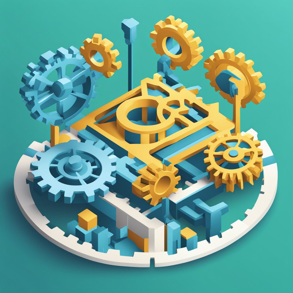 A series of interconnected gears and cogs turning in unison, representing the intricate process of harnessing analytics to optimize sales funnels and unlock audience insights