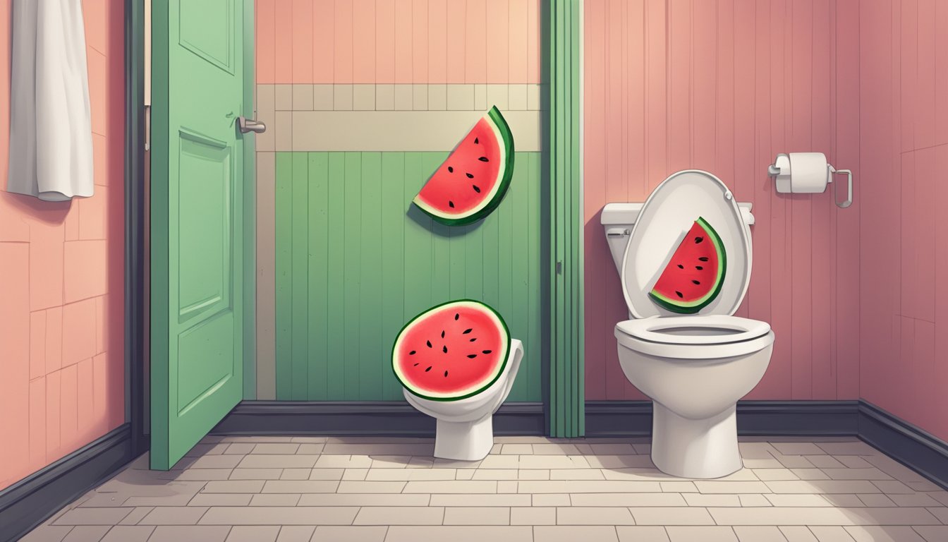 A watermelon slice next to a toilet with a distressed expression