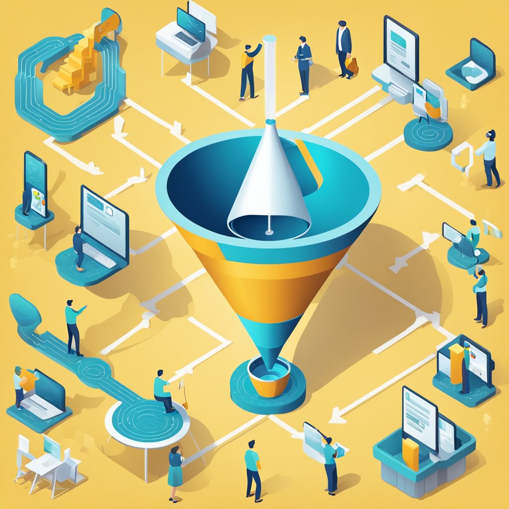 A series of interconnected funnels, with leads entering and transforming into loyal customers at each stage, representing the process of sales funnel optimization