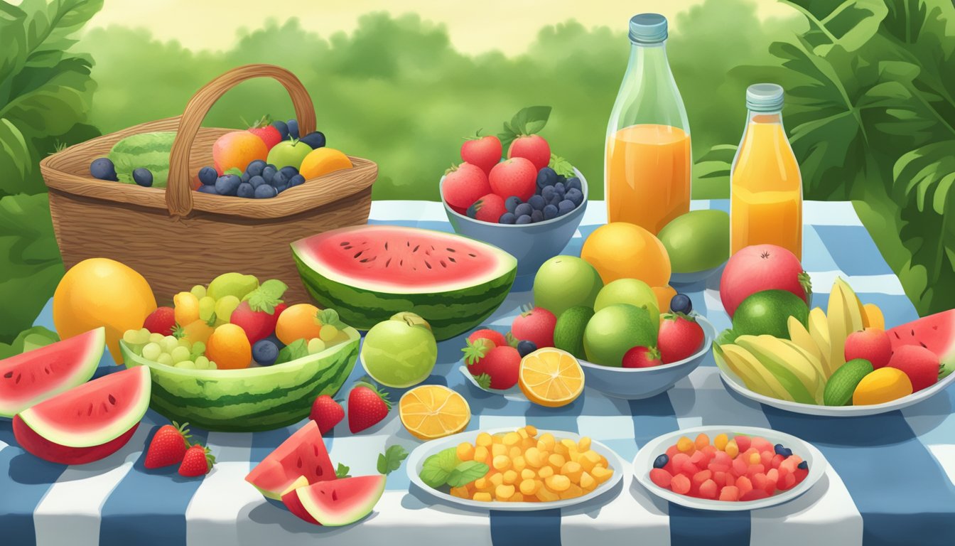 A colorful picnic spread with a juicy watermelon, surrounded by fruits and vegetables, with a label indicating it is "good for you."