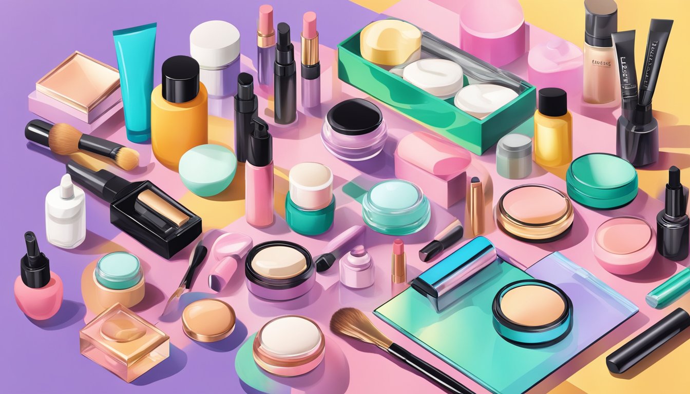 A colorful array of keto-friendly beauty products arranged on a sleek, modern vanity table