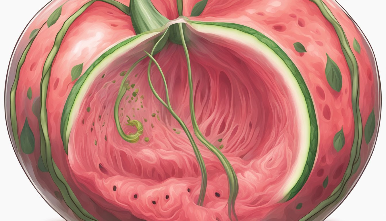 A watermelon growing inside a transparent womb, surrounded by umbilical cord and amniotic fluid