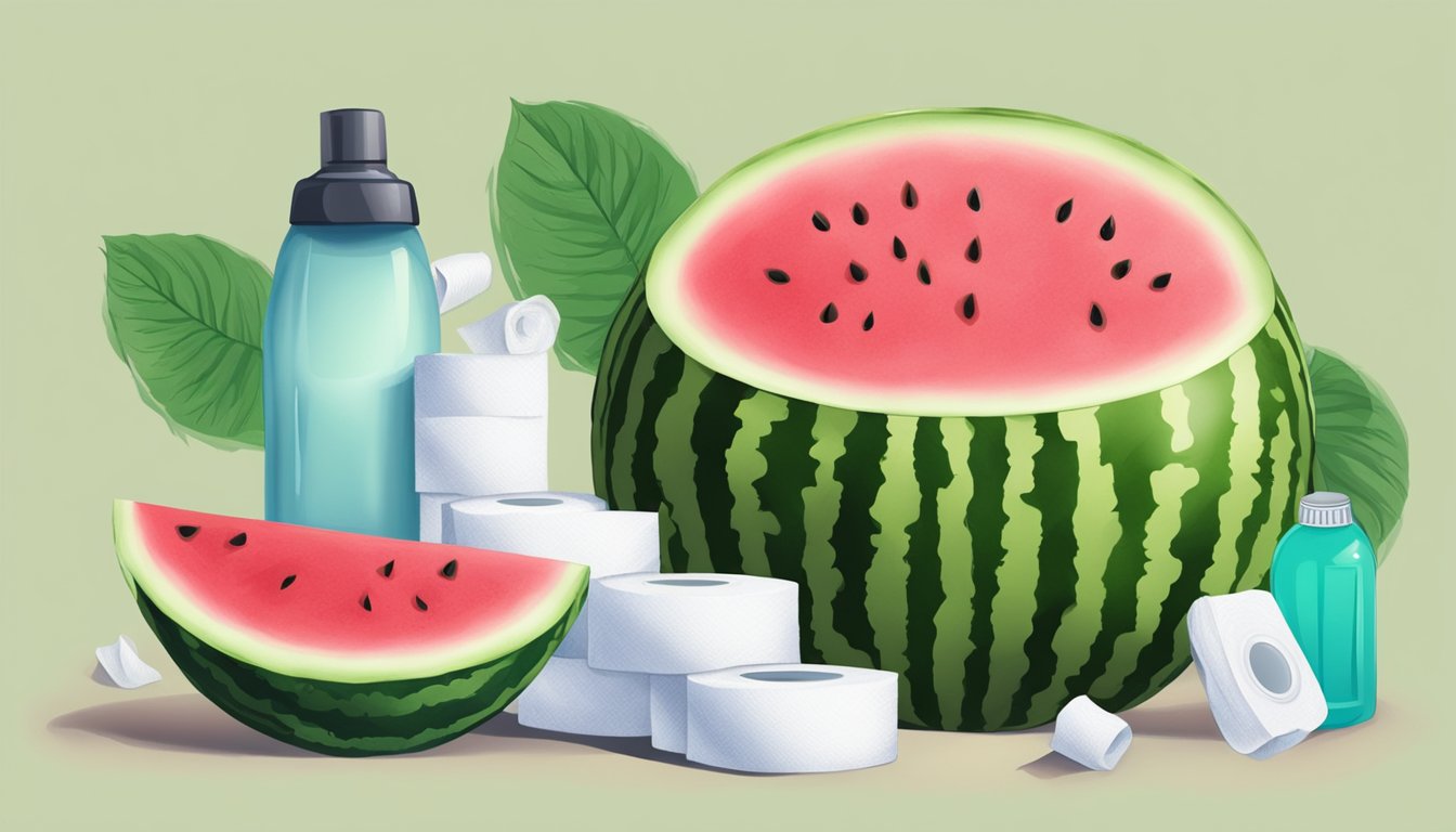 A watermelon surrounded by toilet paper and a bottle of anti-diarrheal medication