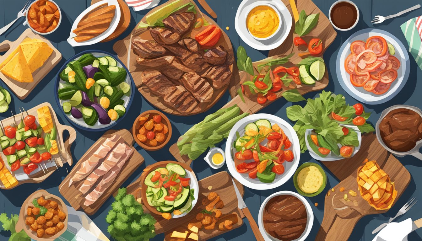 A colorful spread of grilled vegetables, skewers of marinated meats, and low-carb side dishes arranged on a picnic table at a sunny outdoor BBQ