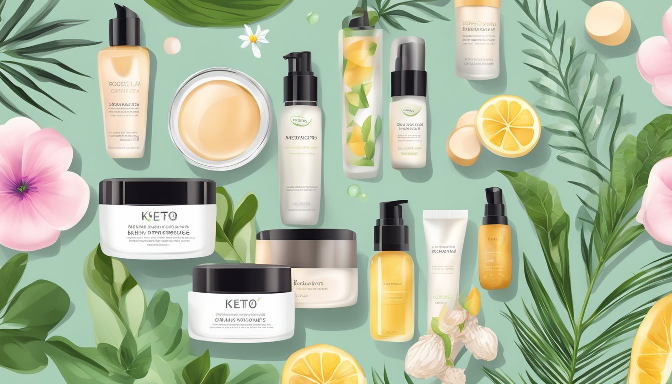 A display of keto-friendly beauty products, including skincare and makeup, with natural, organic ingredients