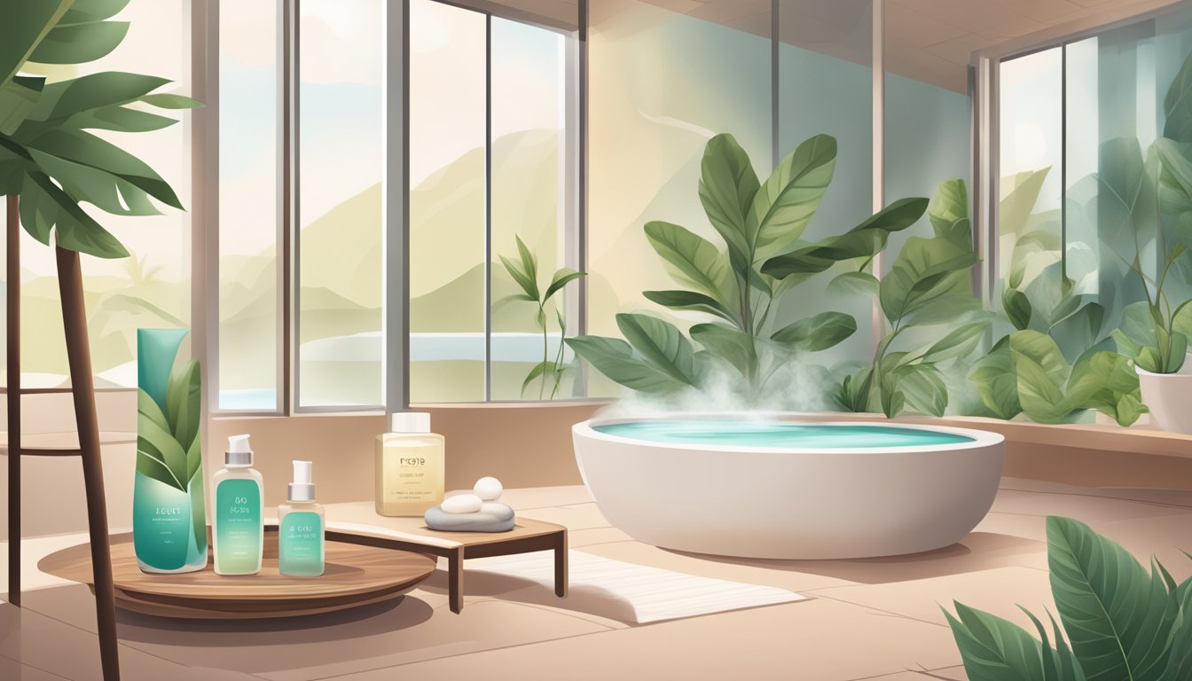 A tranquil spa setting with natural elements and a display of keto-friendly beauty products