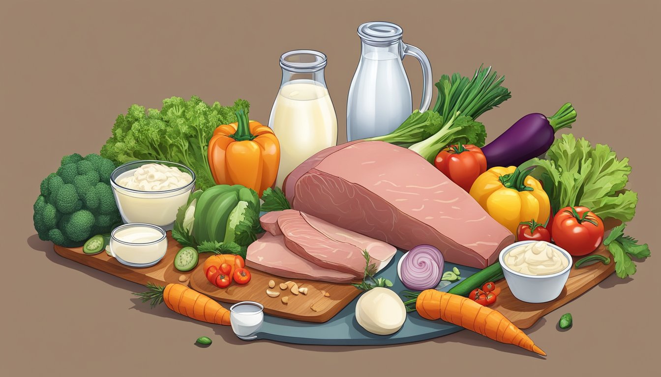 A colorful array of fresh vegetables, meats, and dairy products arranged on a table, with a scale and measuring cups nearby