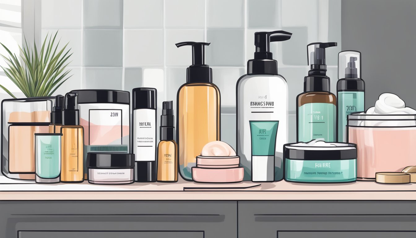 A bathroom counter with keto-friendly beauty products arranged neatly, including skincare, makeup, and haircare items