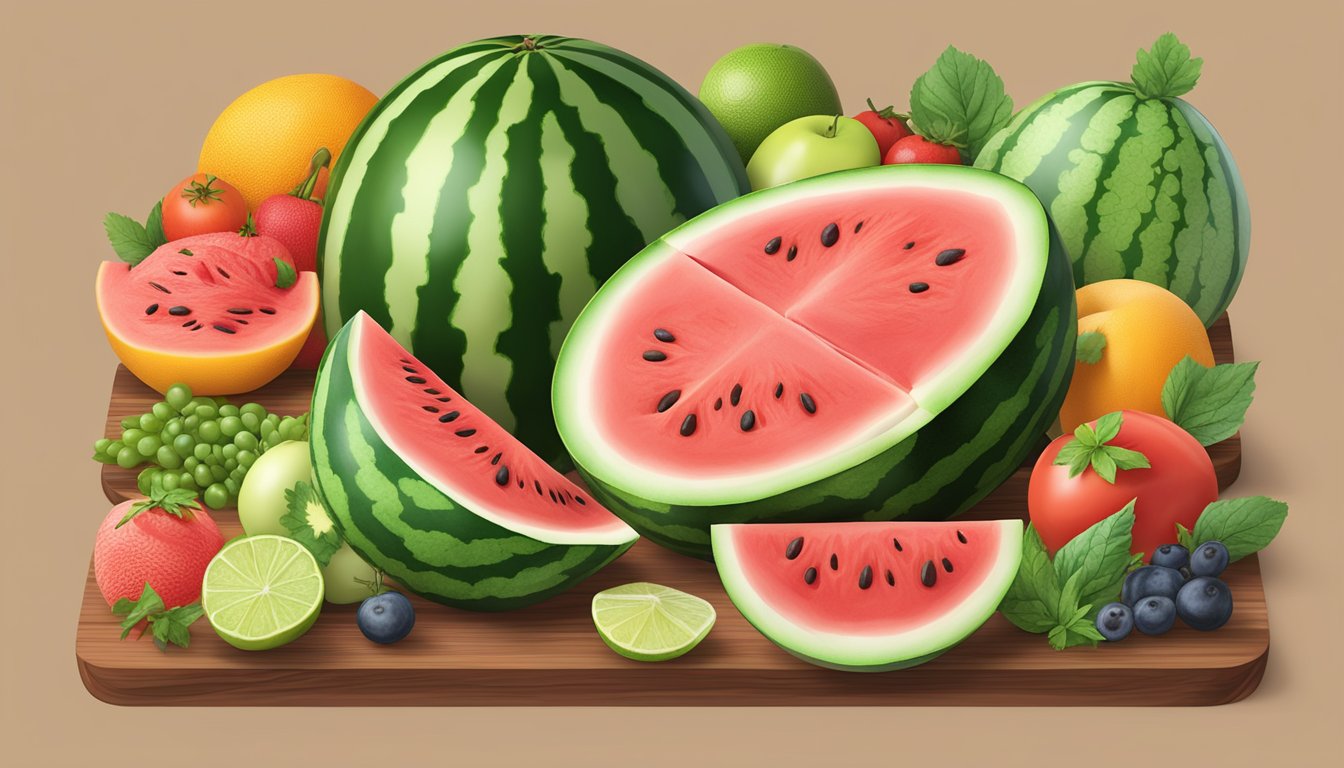 A watermelon sliced into keto-friendly portions, surrounded by low-carb fruits and vegetables on a wooden cutting board