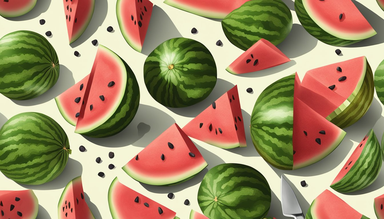 A watermelon being sliced into cubes on a cutting board, with a knife and scattered watermelon seeds