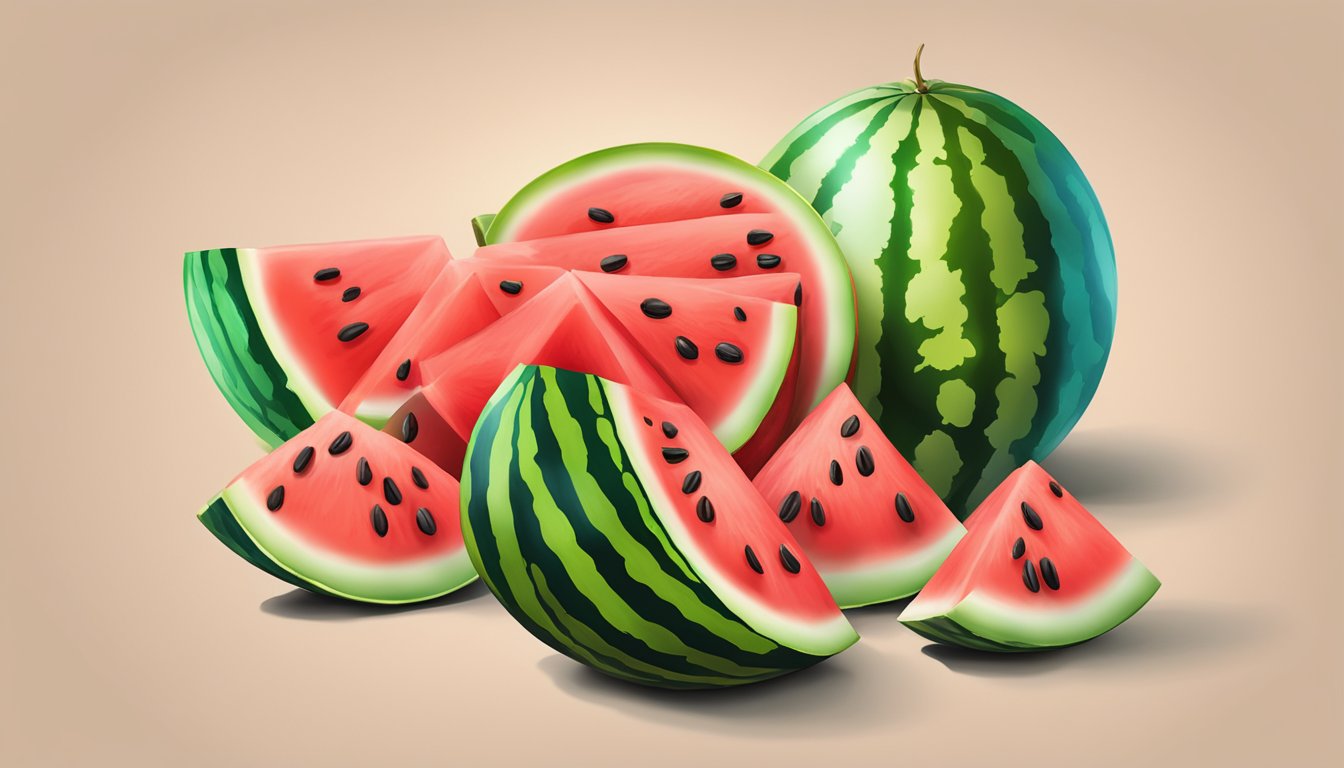 A watermelon sliced open, with vibrant red flesh and black seeds, surrounded by green rind