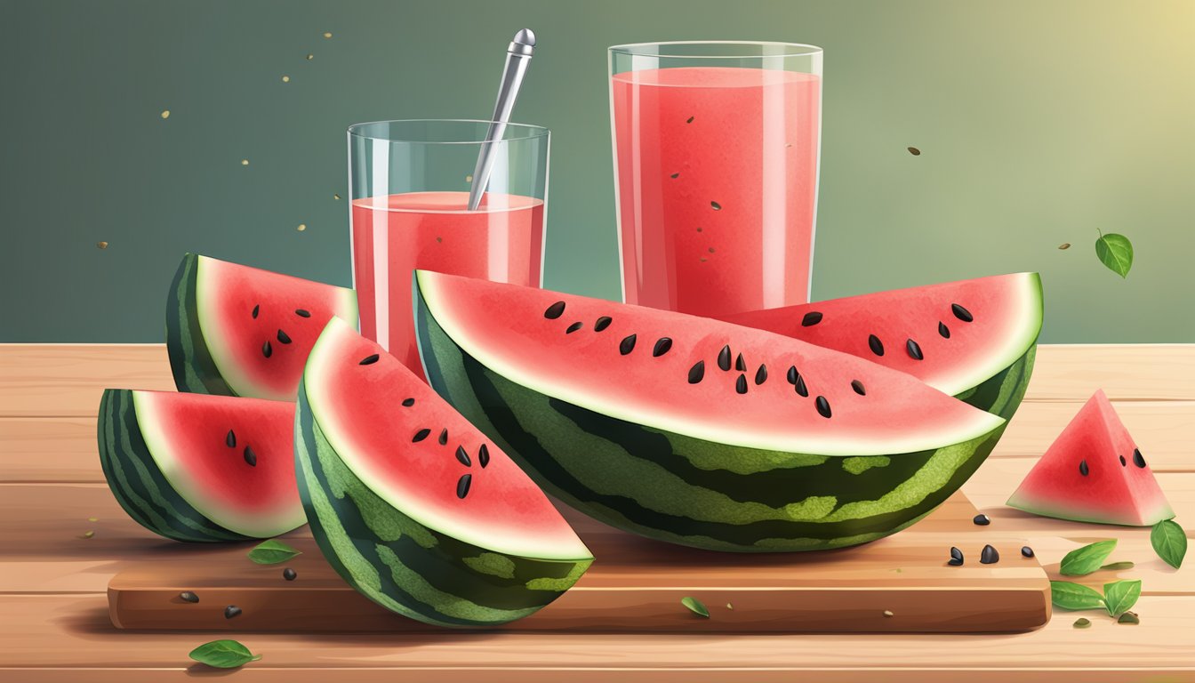 A ripe watermelon sliced on a wooden cutting board, surrounded by scattered seeds and a knife. A glass of watermelon juice and a bowl of watermelon cubes sit nearby