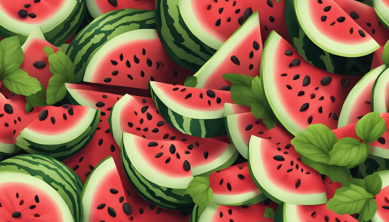 A watermelon split open, revealing vibrant red flesh and black seeds, surrounded by scattered green rinds