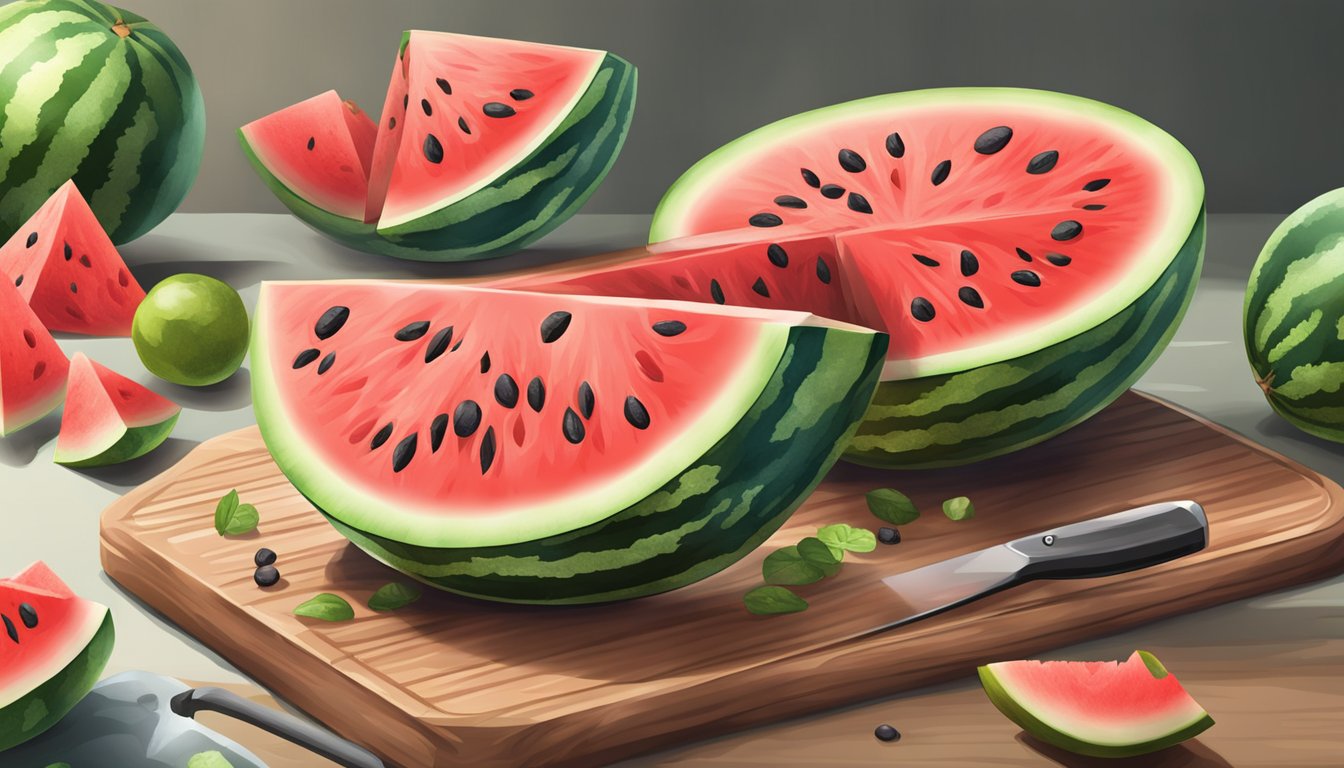 A ripe watermelon being sliced open, with juicy red flesh and seeds spilling out onto a cutting board