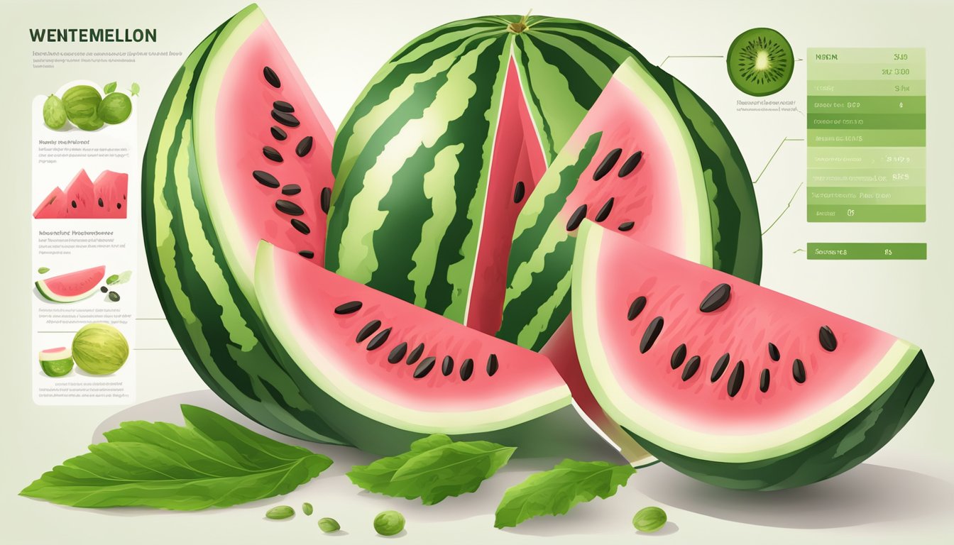 A ripe watermelon sliced open, revealing its vibrant pink flesh and dark seeds, surrounded by scattered green leaves and a nutritional profile chart