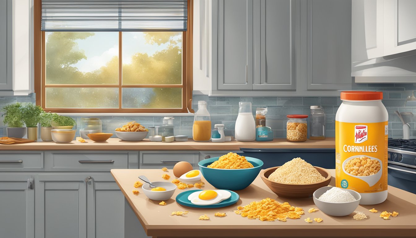 A kitchen counter with a variety of leftover containers and a box of Kellogg's Cornflakes, alongside a bowl of beaten eggs and a plate of seasoned flour