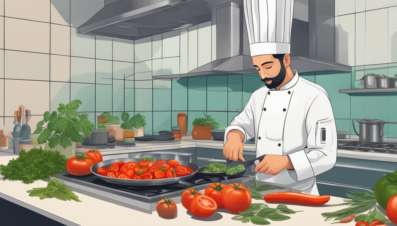 A chef slicing and dicing fresh San Marzano tomatoes, surrounded by vibrant herbs and spices, with a pot simmering on the stove in the background